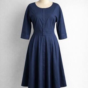 Antonelli Firenze Pleated Midi Dress Navy Cotton Blend Italy Size 48 (12/14)